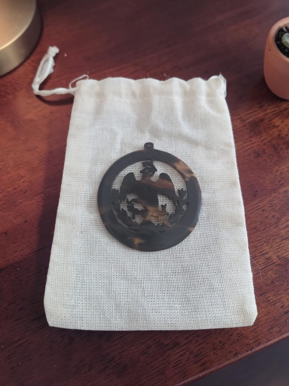 Vintage Faux Tortoiseshell Celluloid Mexican Coat of Arms Pendant Charm 2"
